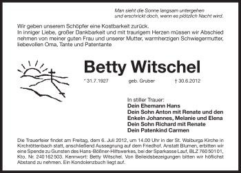 Traueranzeige von Betty Witschel von Pegnitz-Zeitung